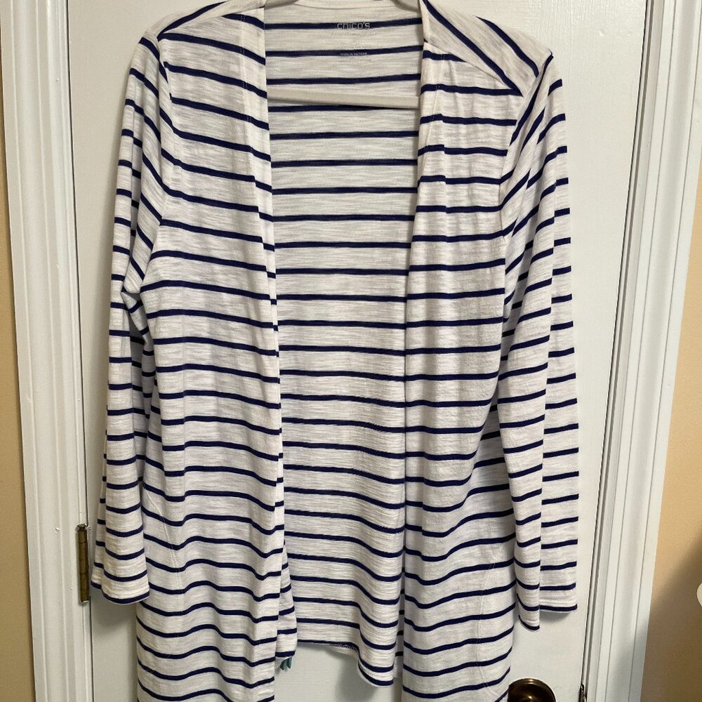 Chico's Long Knit Navy/White Striped Cardigan Medium